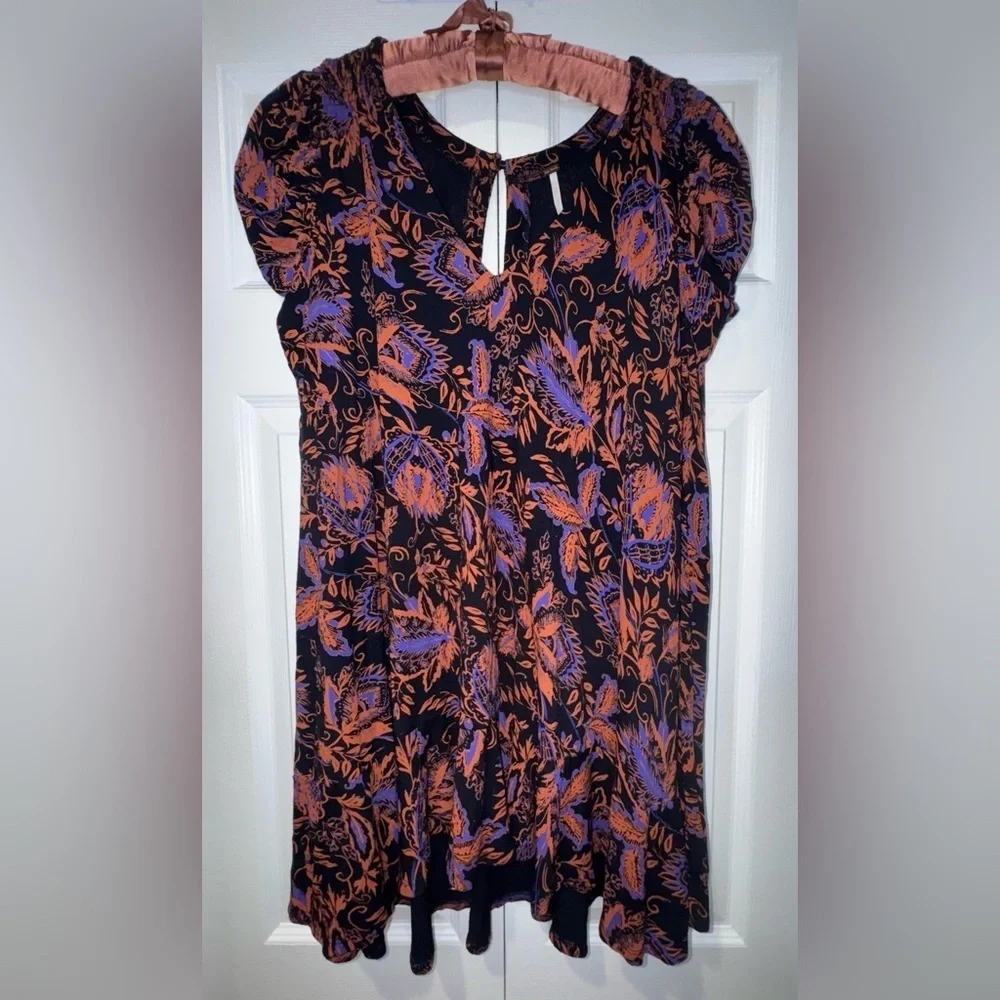 Free People Hello Lover Tunic Top In Noir Combo Size S Puff Sleeve Floral Dress